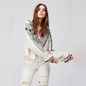 Free People Ivory Embroidered Rock It‎ That Way Blouse Long Sleeve boho bohemian